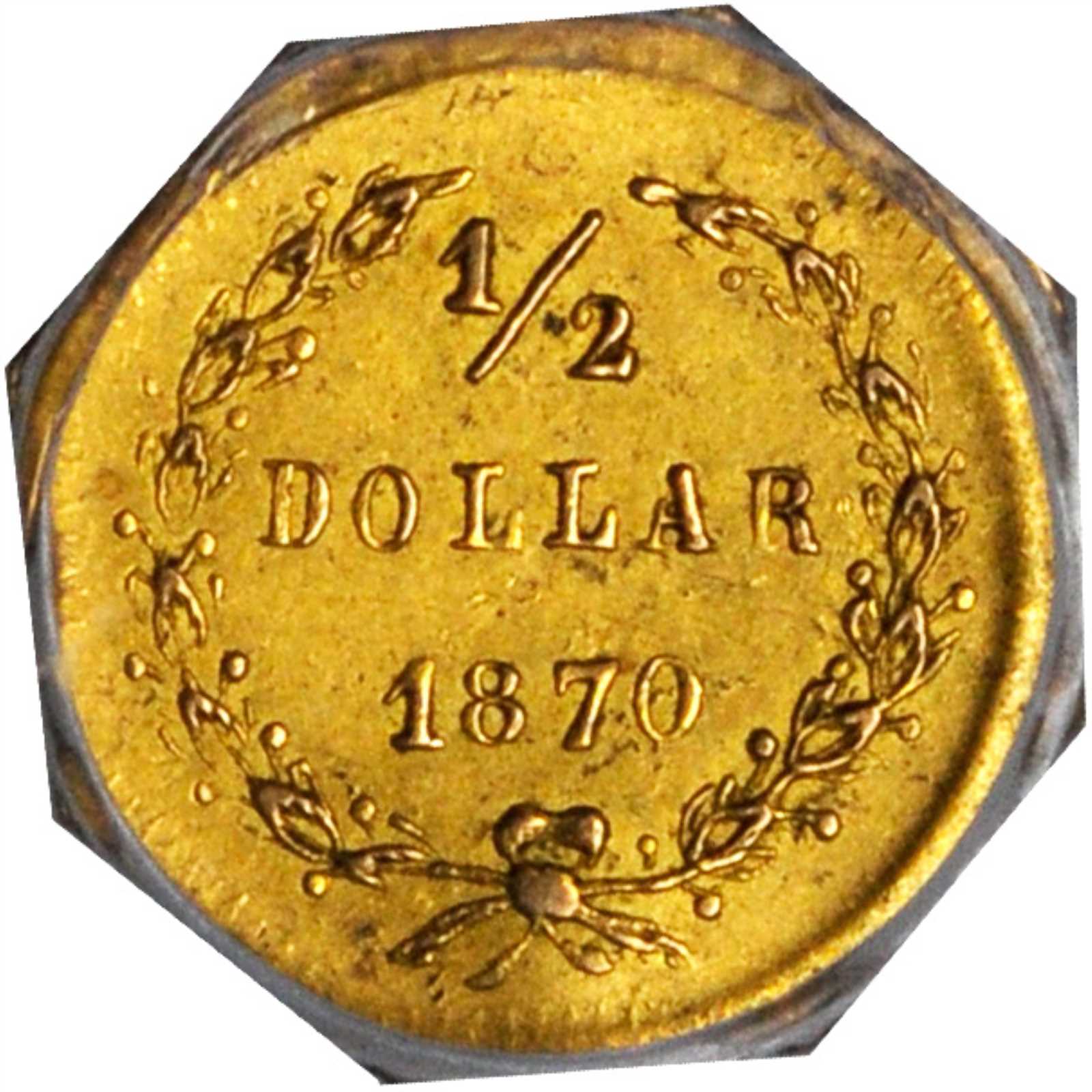 image for: 1870 Octagonal 50 Cents. BG-936. Rarity-5-. Liberty Head. AU-58 (PCGS). Gold Shield Holder.