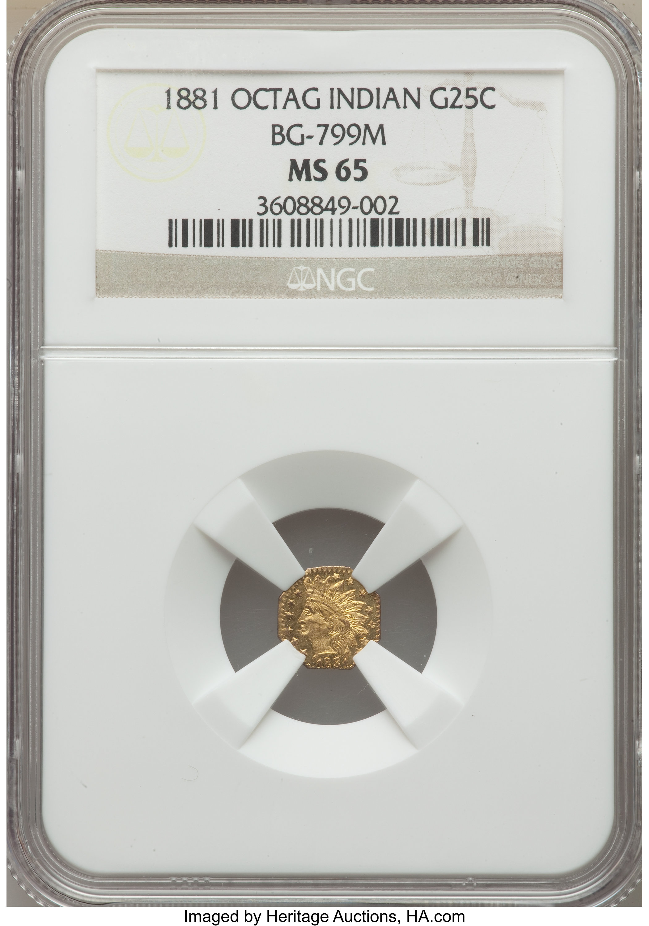 image for: 1881 25C Indian Octagonal 25 Cents, BG-799M, Low R.5, MS65 NGC. NGC Census: (2/0). PCGS Population: (12/1).  ...