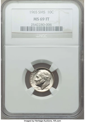 image for: 1965 10C SMS MS69 NGC. NGC Census: (0/0). PCGS Population: (2/0). Mintage 2,360,000. ...