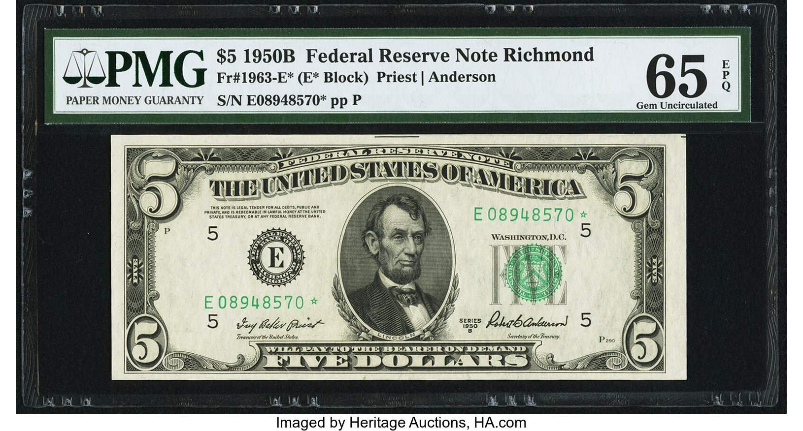image for: Fr. 1963-E* $5 1950B Federal Reserve Note. PMG Gem Uncirculated 65 EPQ....