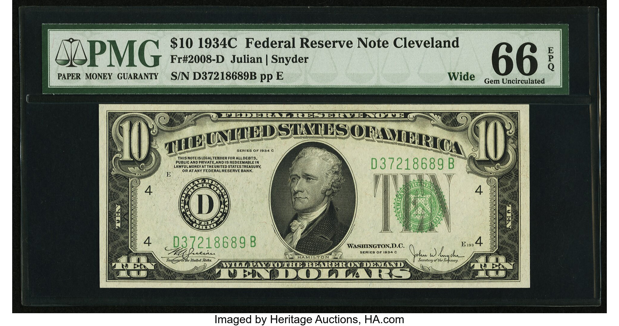 image for: Fr. 2008-D $10 1934C Wide Federal Reserve Note. PMG Gem Uncirculated 66 EPQ....