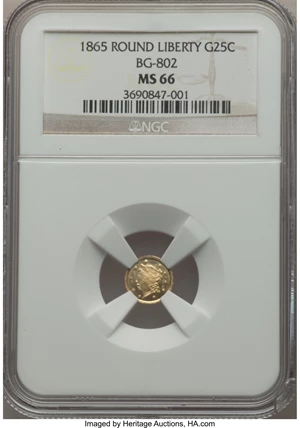 image for: 1865 25C Liberty Round 25 Cents, BG-802, Low R.5, MS66 NGC....