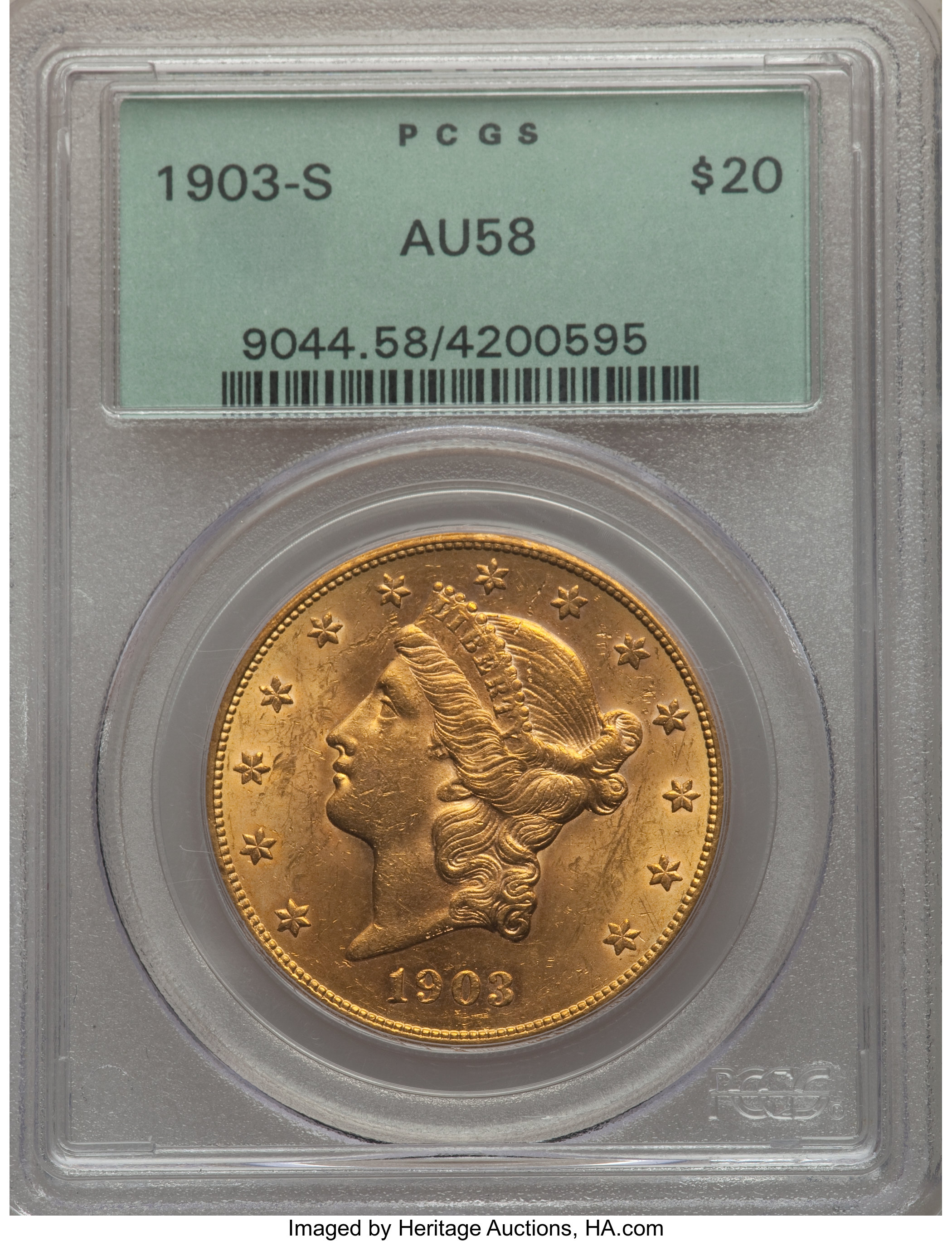 1903-S $20 AU58 PCGS. PCGS Population: (154/5553). NGC Census: (117/6357). CDN: $1,310 Whsle. Bid for problem-free NGC/PCGS...
