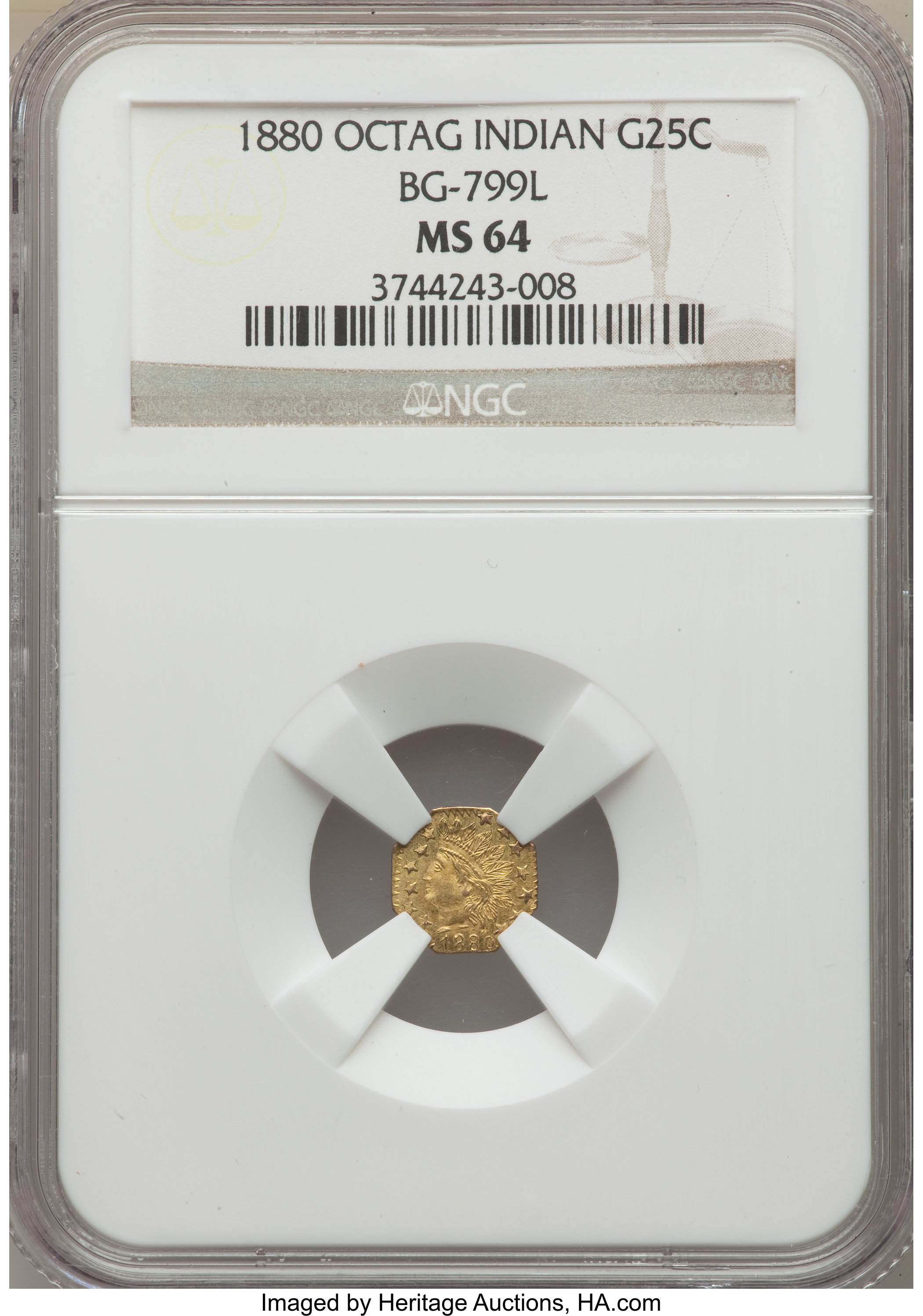 image for: 1880 25C Indian Octagonal 25 Cents, BG-799L, High R.5, MS64 NGC. NGC Census: (1/0). PCGS Population: (12/8).  ...