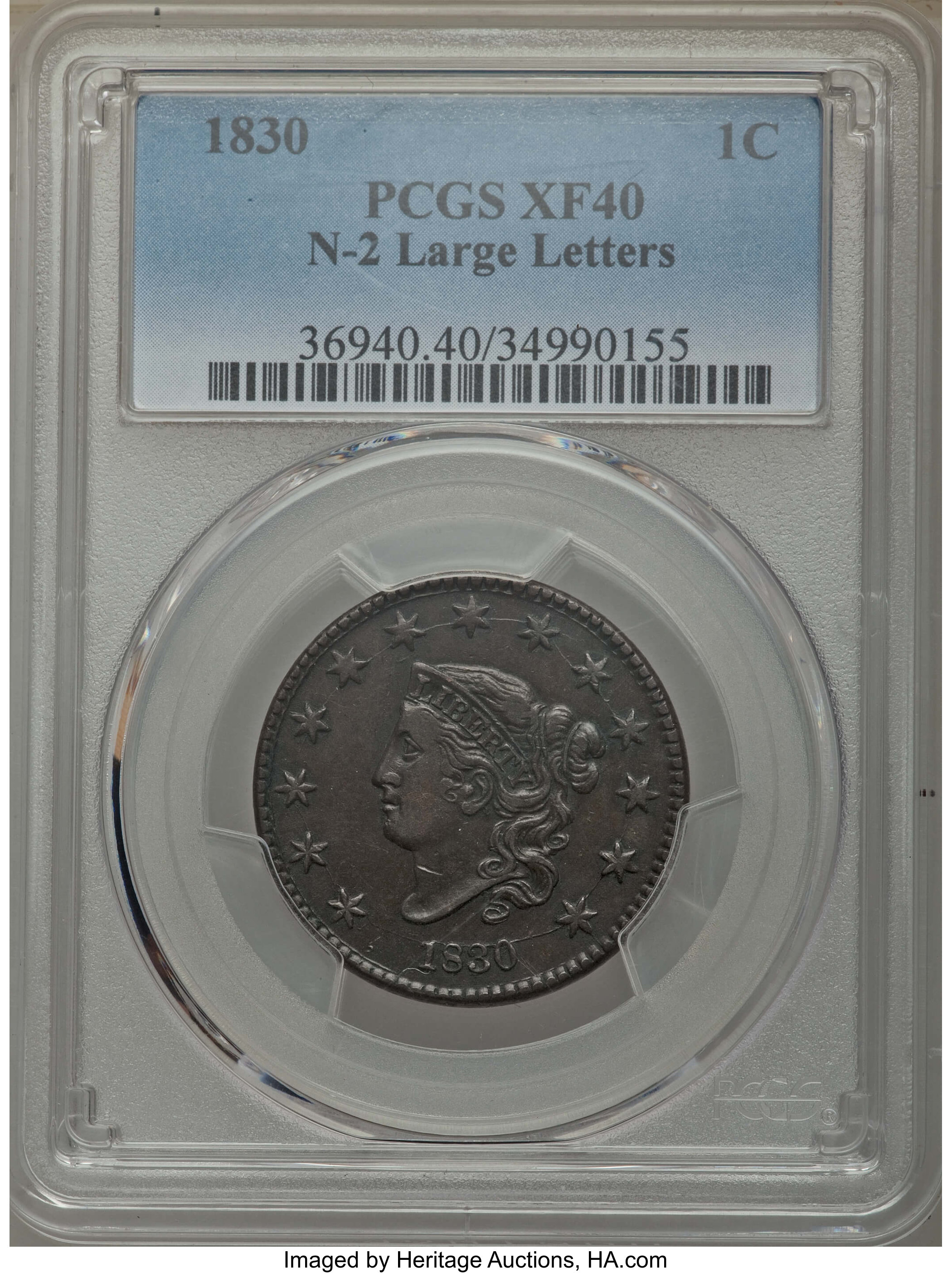 image for: 1830 1C Large Letters, N-2, R.2, XF40 PCGS. PCGS Population: (1/8). NGC Census: (0/6). XF40. Mintage 1,711,500. From ...