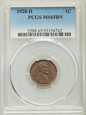image for: 1928-D 1C MS65 Brown PCGS. PCGS Population: (19/2). NGC Census: (16/2). CDN: $150 Whsle. Bid for problem-free NGC/PCGS MS65...
