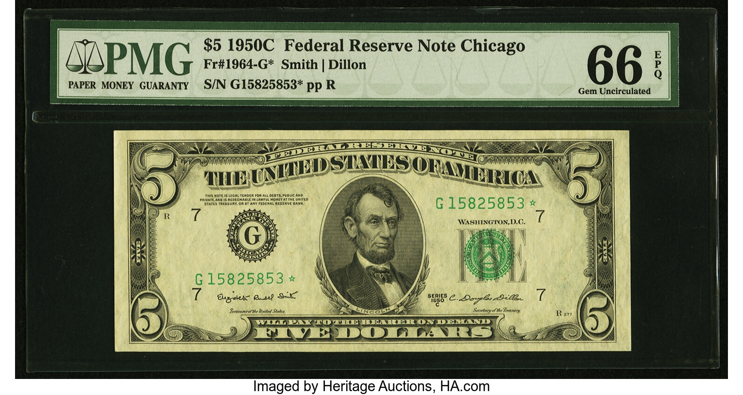 image for: Fr. 1964-G* $5 1950C Federal Reserve Star Note. PMG Gem Uncirculated 66 EPQ....