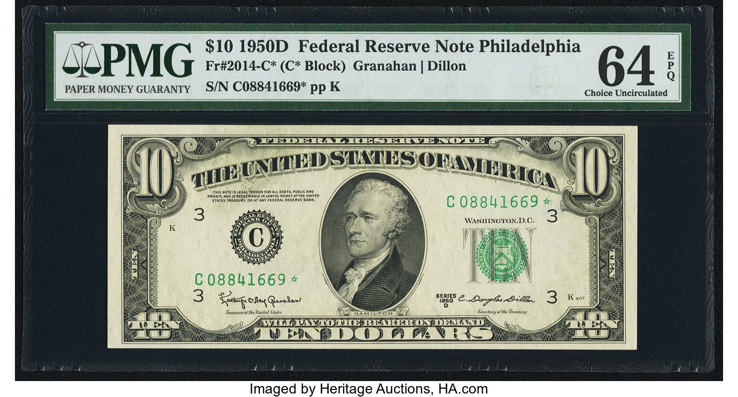 image for: Fr. 2014-C* $10 1950D Federal Reserve Star Note. PMG Choice Uncirculated 64 EPQ....