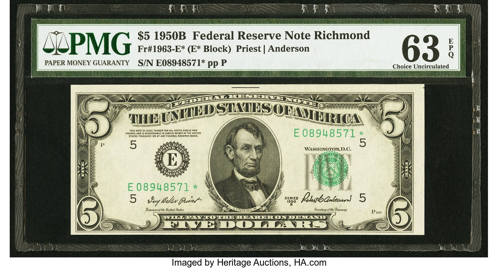 image for: Fr. 1963-E* $5 1950B Federal Reserve Note. PMG Choice Uncirculated 63 EPQ....