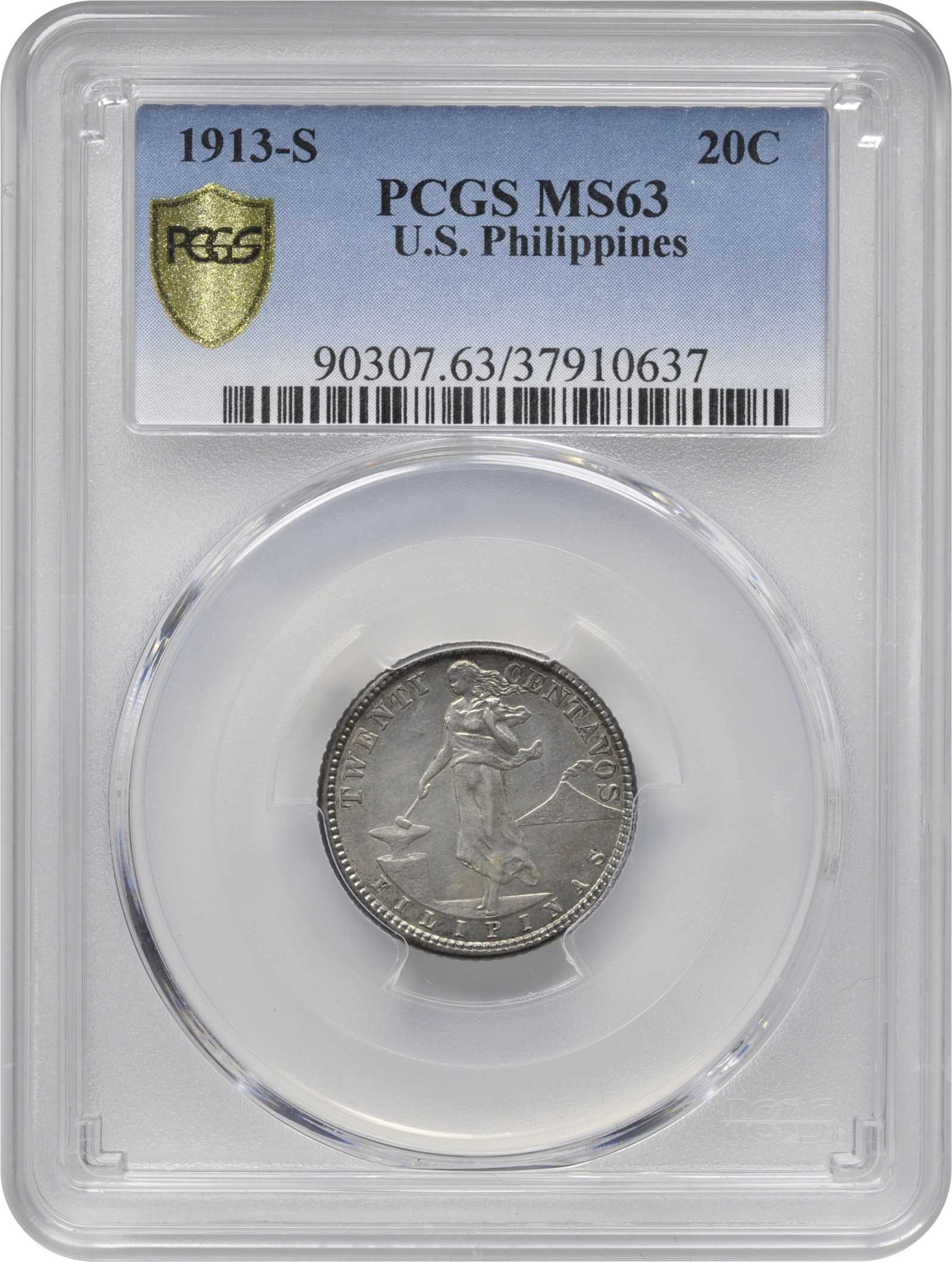image for: PHILIPPINES. 20 Centavos, 1913-S. San Francisco Mint. PCGS MS-63 Gold Shield.