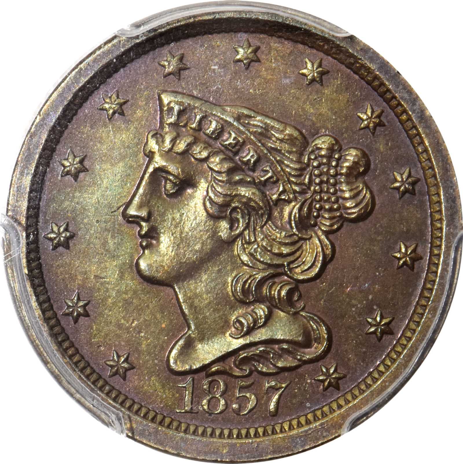 image for: 1857 Braided Hair Half Cent. B-1, C-1. Rarity-7+ as a Proof. Proof-63 BN (PCGS).