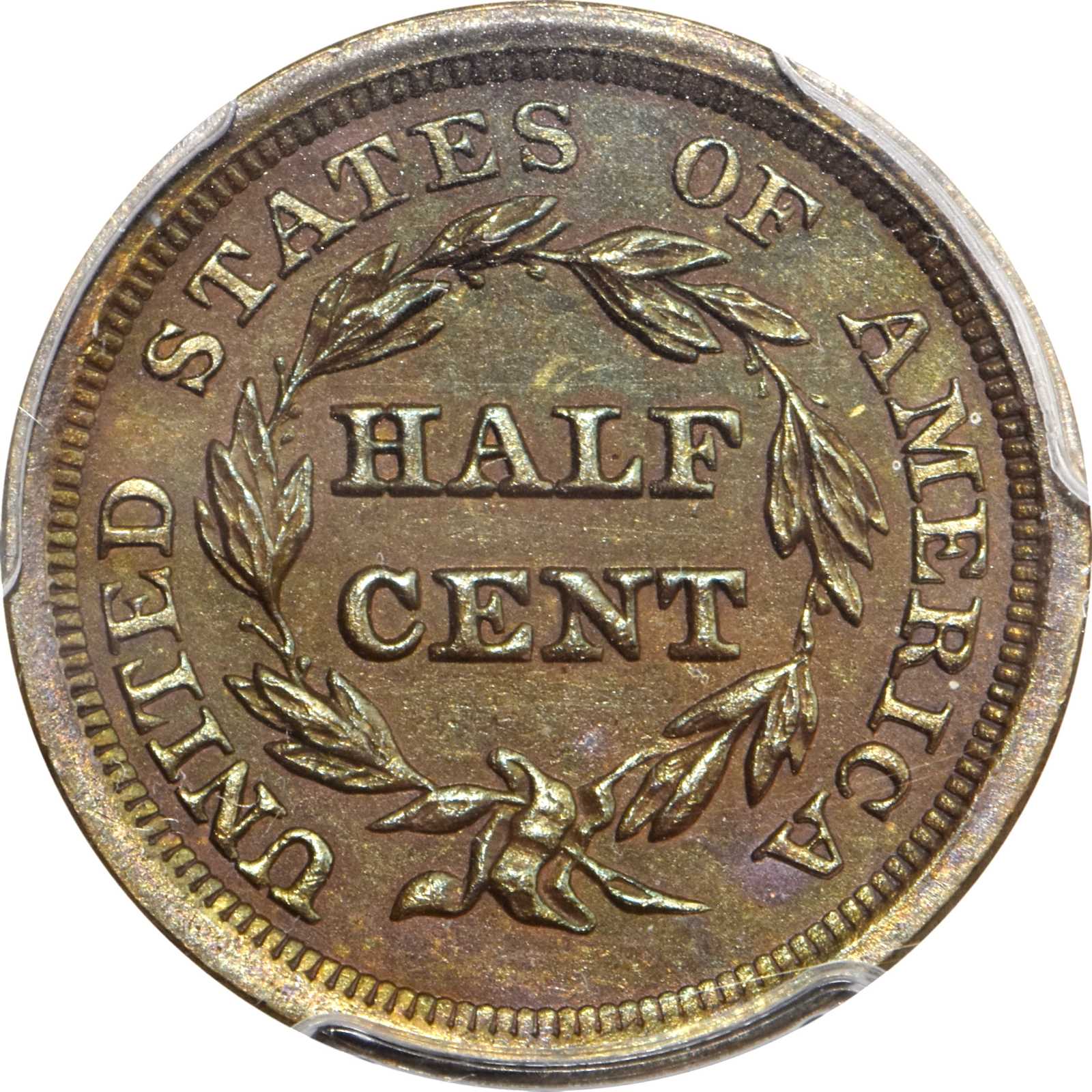 image for: 1857 Braided Hair Half Cent. B-1, C-1. Rarity-7+ as a Proof. Proof-63 BN (PCGS).