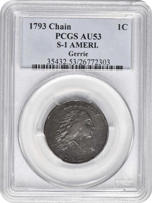 image for: 1793 Flowing Hair Cent. Chain Reverse. S-1. Rarity-4. AMERI. AU-53 (PCGS).
