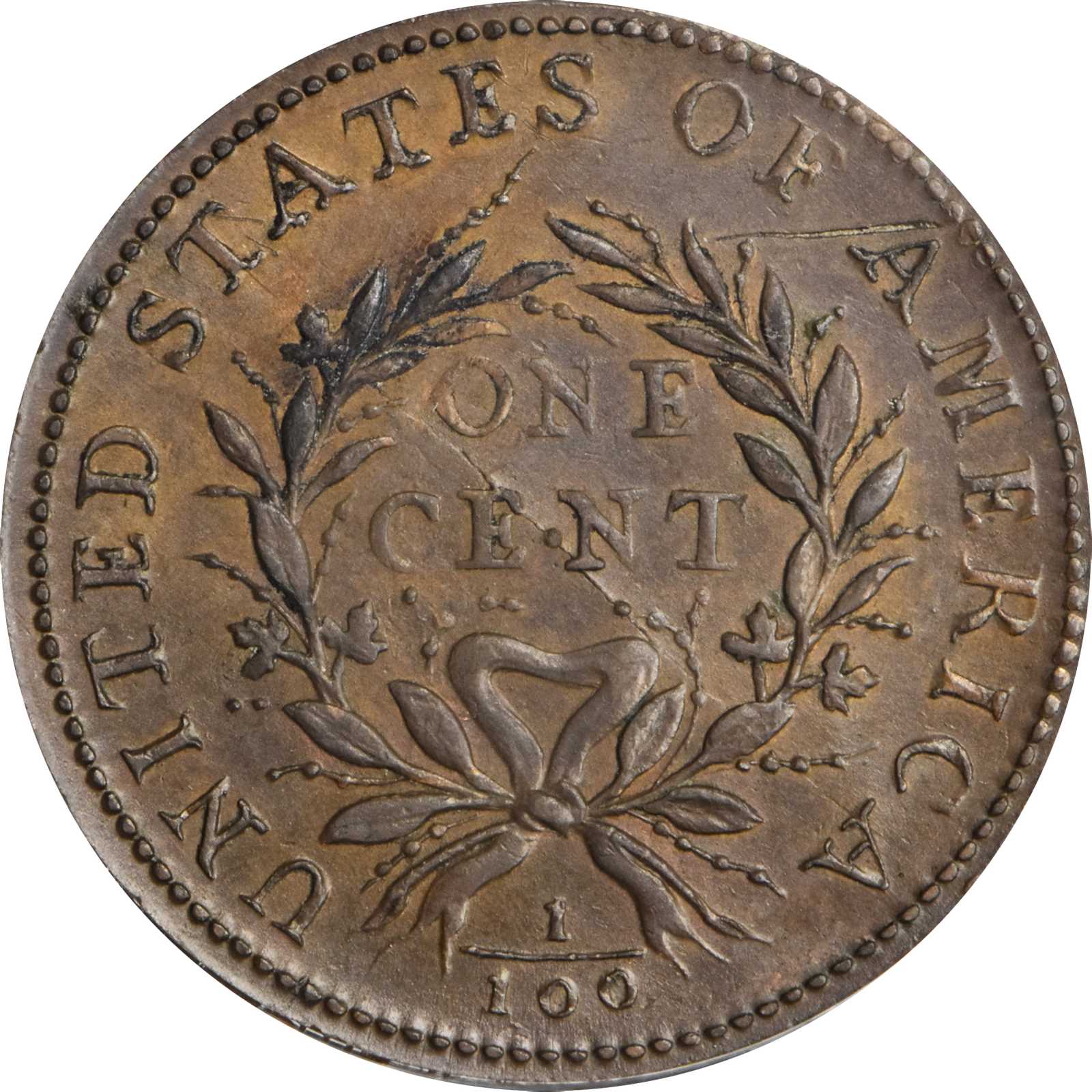 Flowing Hair Cent 1c 1793, Wreath Reverse, Wreath Reverse MS BN [Type] MS63 BN thumbnail 2
