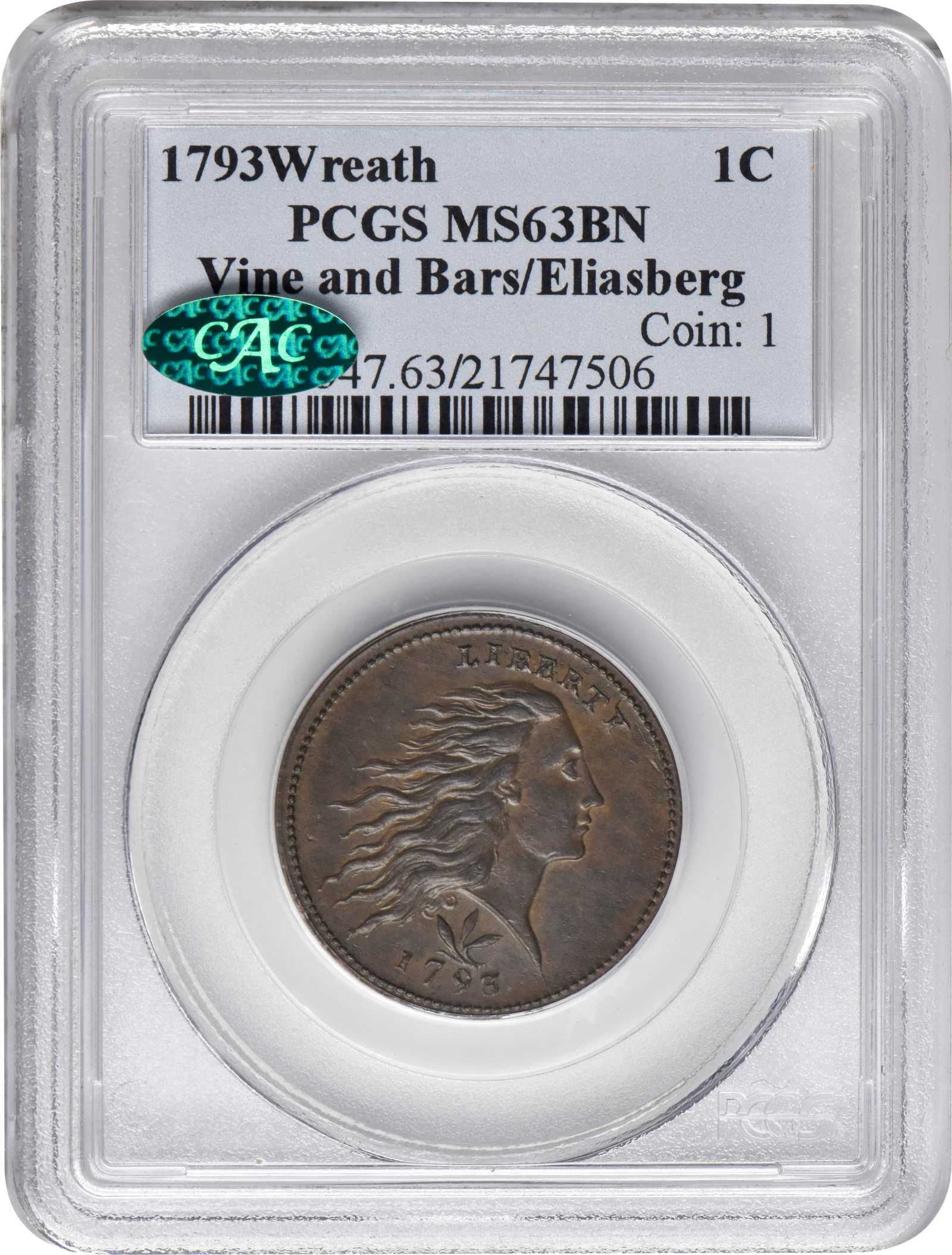 Flowing Hair Cent 1c 1793, Wreath Reverse, Wreath Reverse MS BN [Type] MS63 BN thumbnail 3
