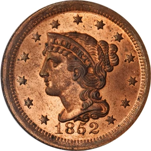 image for: 1852 Braided Hair Cent. N-8. Rarity-2. MS-65 RD (PCGS).
