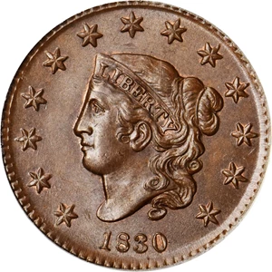 image for: 1830 Matron Head Cent. N-6. Rarity-4. Medium Letters. MS-67 BN (PCGS).