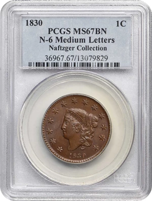 image for: 1830 Matron Head Cent. N-6. Rarity-4. Medium Letters. MS-67 BN (PCGS).