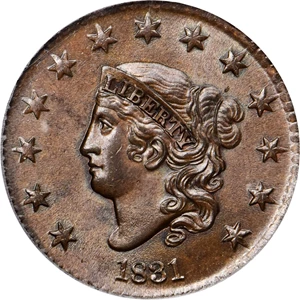 image for: 1831 Matron Head Cent. N-3. Rarity-1. Medium Letters. MS-65 BN (PCGS). CAC.