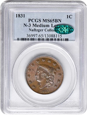 image for: 1831 Matron Head Cent. N-3. Rarity-1. Medium Letters. MS-65 BN (PCGS). CAC.