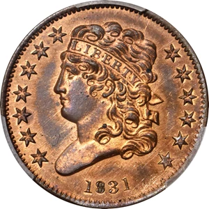 image for: 1831 Classic Head Half Cent. First Restrike. B-2. Rarity-5. Large Berries, Reverse of 1836. Proof-65 RB (PCGS). CAC.