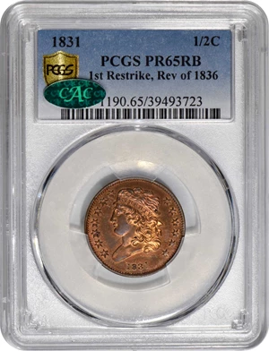 image for: 1831 Classic Head Half Cent. First Restrike. B-2. Rarity-5. Large Berries, Reverse of 1836. Proof-65 RB (PCGS). CAC.