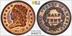 image for: 1831 Classic Head Half Cent. First Restrike. B-2. Rarity-5. Large Berries, Reverse of 1836. Proof-65 RB (PCGS). CAC.