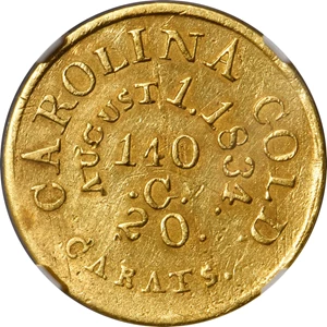 image for: Undated (1834-1837) Christopher Bechtler $5 Gold. K-19. Rarity-6+. 140.G., 20 CARATS, AUGUST 1, 1834, 20 Distant from CARATS. AU-53 (NGC).