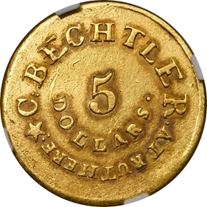 image for: Undated (1834-1837) Christopher Bechtler $5 Gold. K-19. Rarity-6+. 140.G., 20 CARATS, AUGUST 1, 1834, 20 Distant from CARATS. AU-53 (NGC).