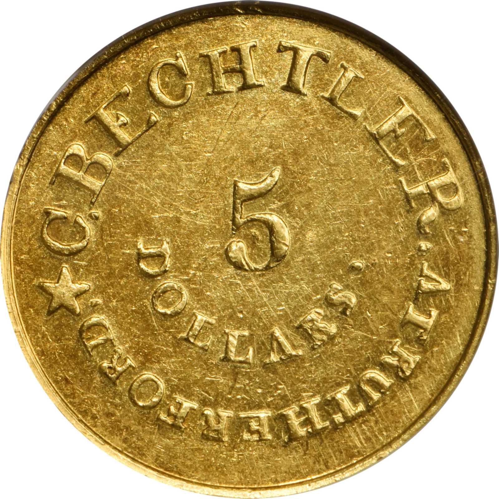 image for: Undated (1837-1842) Christopher Bechtler $5. K-21. Rarity-7. Colon after G. RUTHERFORD, 128.G:, 22 CARATS. MS-61 (NGC)
