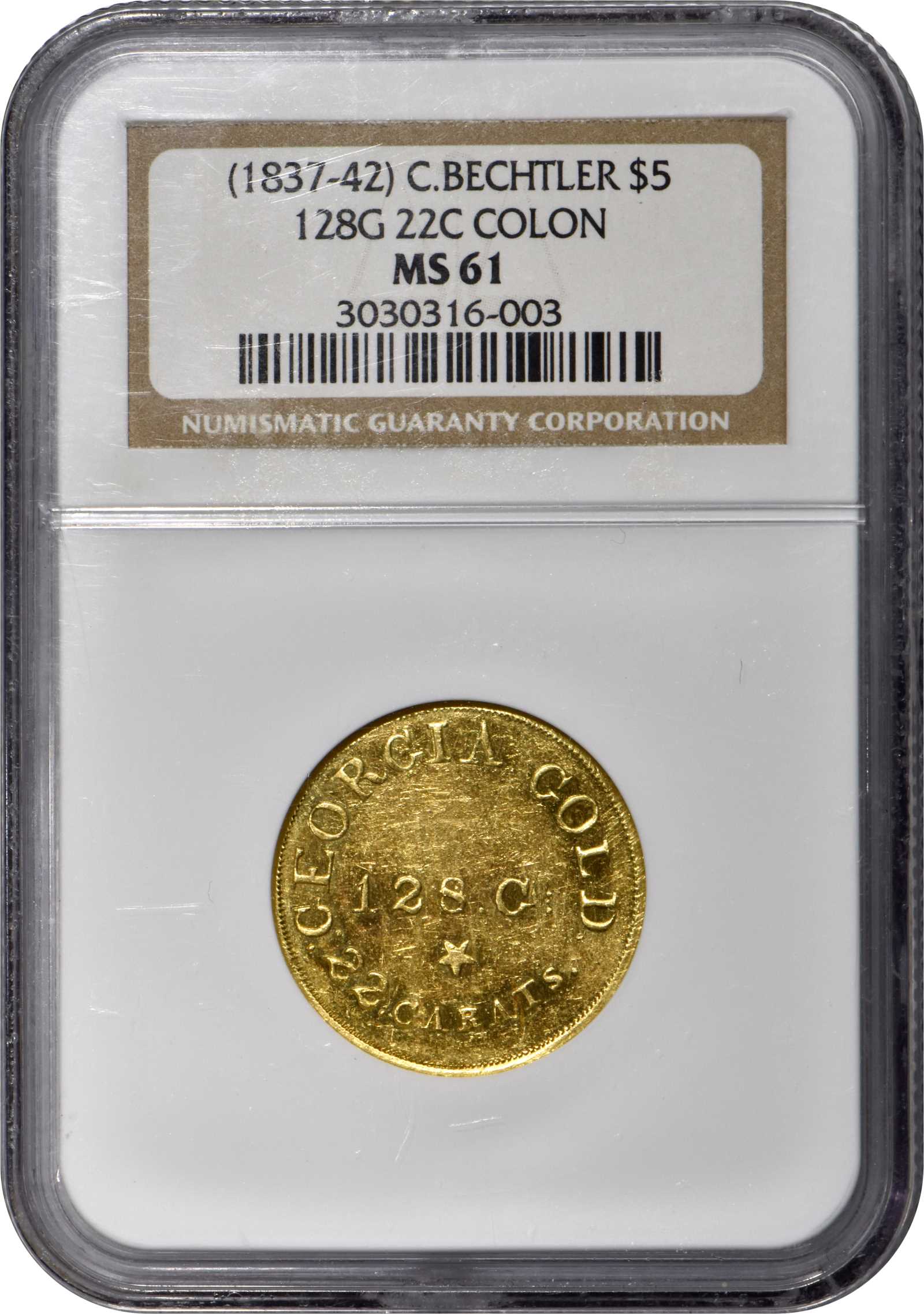 image for: Undated (1837-1842) Christopher Bechtler $5. K-21. Rarity-7. Colon after G. RUTHERFORD, 128.G:, 22 CARATS. MS-61 (NGC)