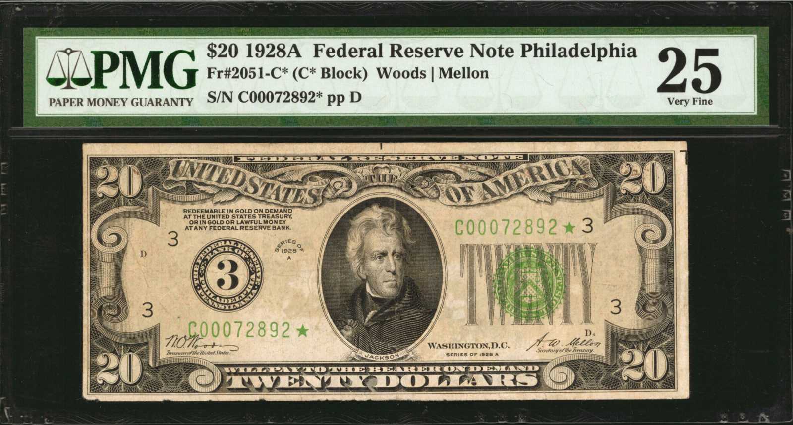 image for: Fr. 2051-C*. 1928A $20 Federal Reserve Star Note. Philadelphia. PMG Very Fine 25.