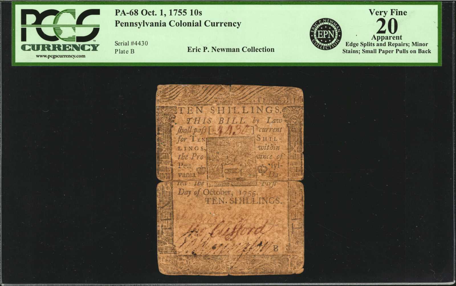 image for: PA-68. Pennsylvania. October 1, 1755. 10 Shillings. PCGS Currency Very Fine 20 Apparent. Edge Splits and Repairs; Minor Stains; Small Paper Pulls on Back.