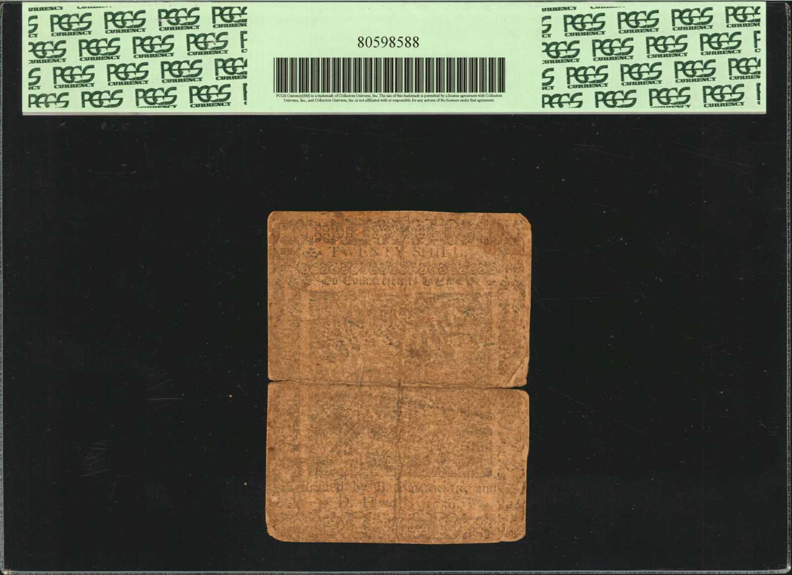 image for: PA-100. Pennsylvania. April 25, 1759. 20 Shillings. PCGS Currency Fine 12 Apparent. Edge Splits.