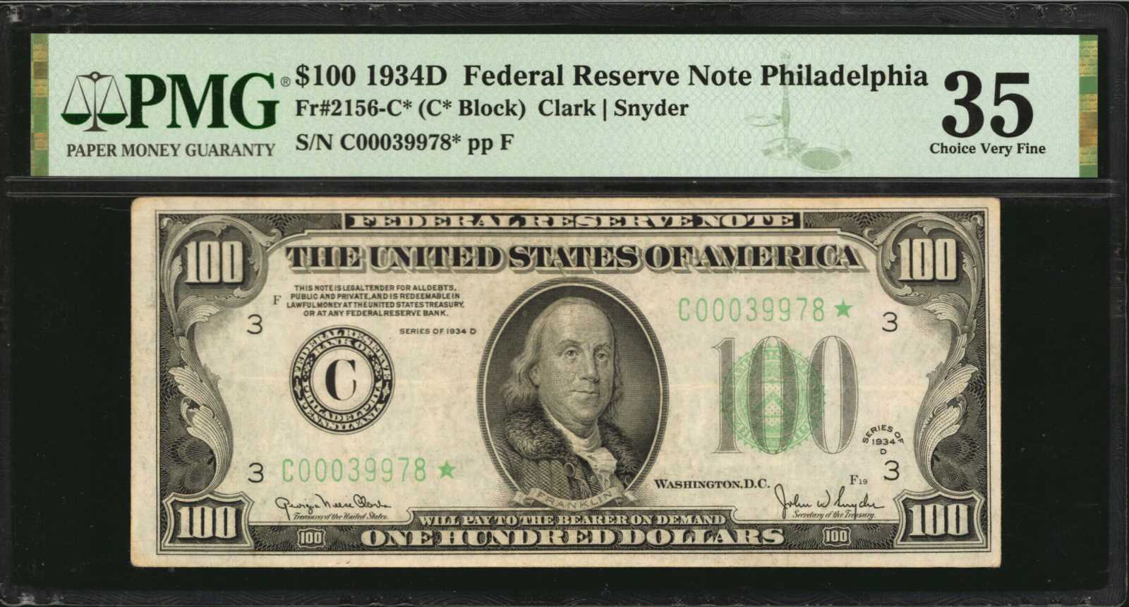 image for: Fr. 2156-C*. 1934D $100 Federal Reserve Note Star Note. Philadelphia. PMG Choice Very Fine 35.