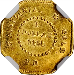 image for: "1855/4"-FD Octagonal $1. BG-511. Rarity-4+. Liberty Head. MS-62 (NGC).