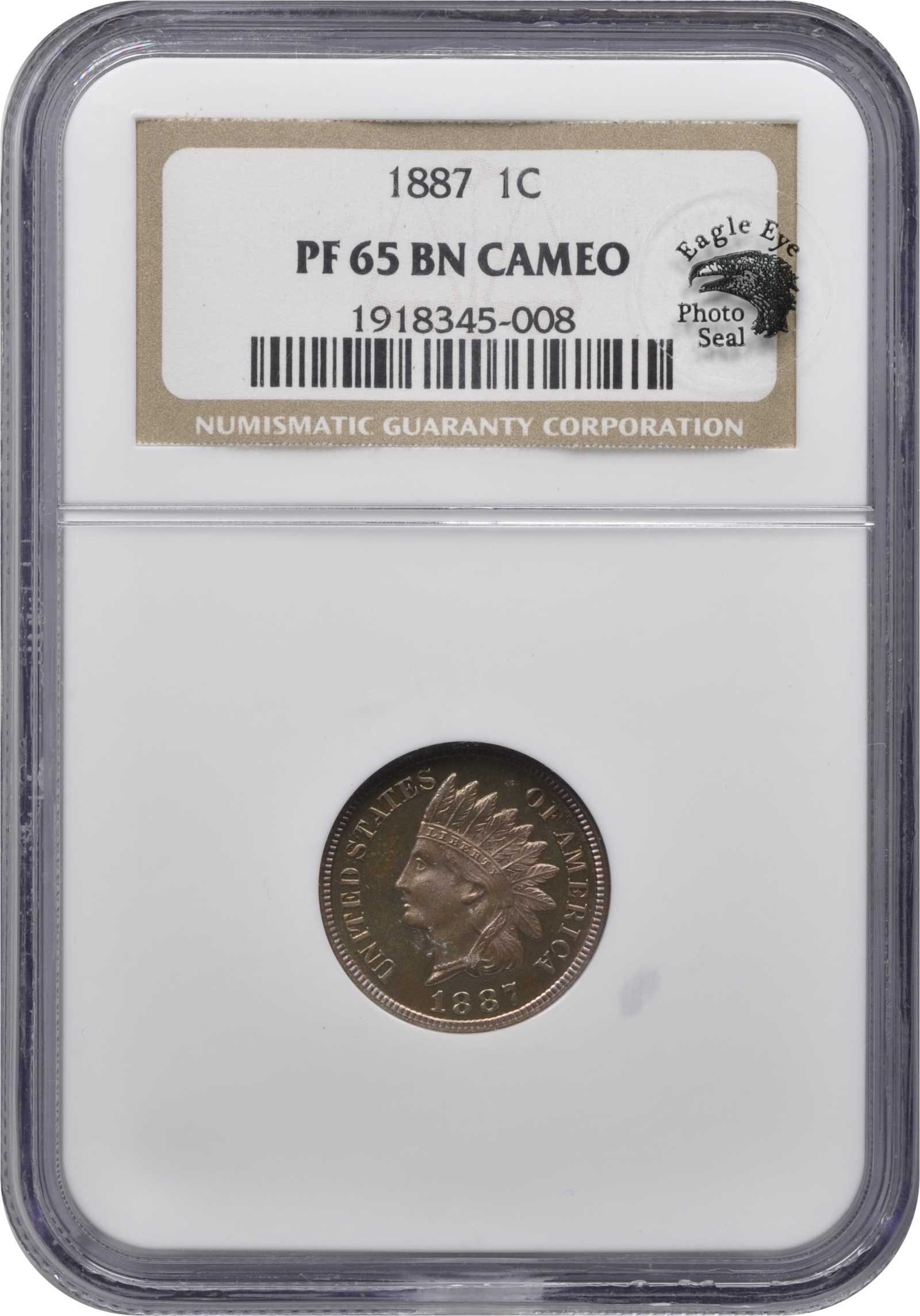 image for: 1887 Indian Cent. Proof-65 BN Cameo (NGC). Eagle Eye Photo Seal.