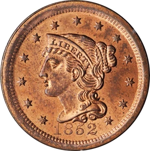 image for: 1852 Braided Hair Cent. N-8. Rarity-2. MS-63 RD (PCGS). OGH--First Generation.