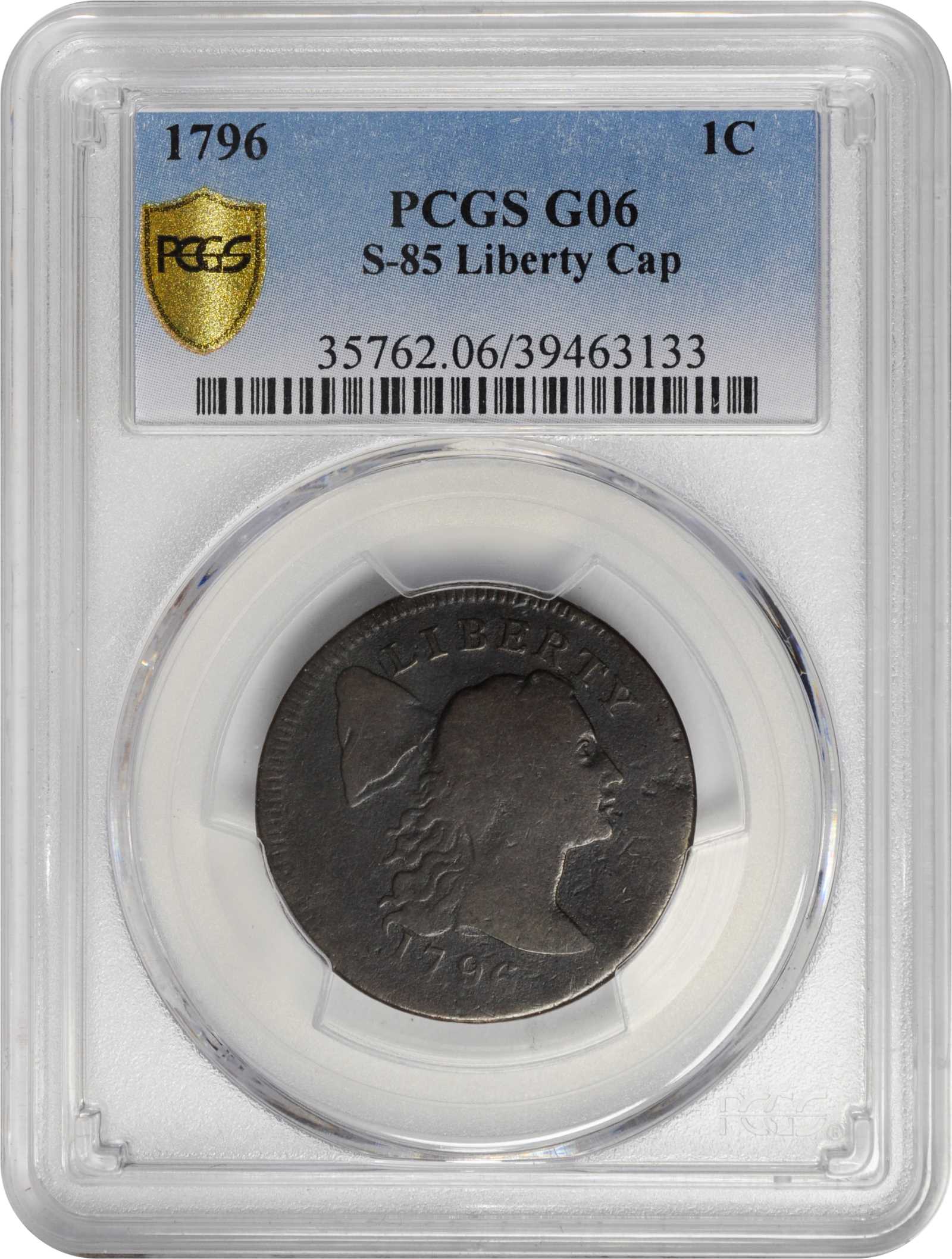 image for: 1796 Liberty Cap Cent. S-85. Rarity-5+. Good-6 (PCGS).
