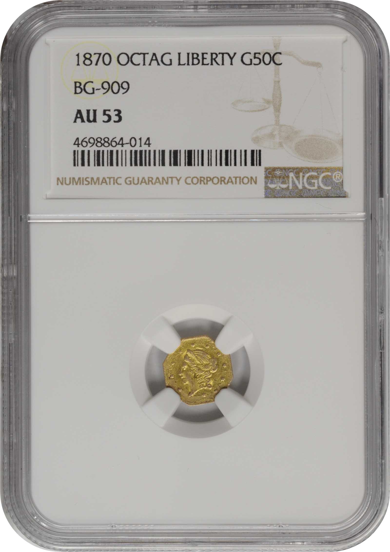 image for: 1870 Octagonal 50 Cents. BG-909. Rarity-6. Liberty Head. AU-53 (NGC).