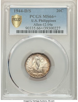 image for: 1944-D/S 20C Philippines 20 Centavos, Allen-12.04a, MS66+ PCGS. PCGS Population: (4/2 and 1/0+). NGC Census: (0/0 and 0/0+)...