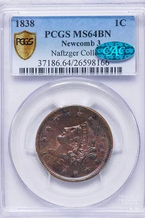 image for: 1C 1838 N-3. PCGS MS64 BN CAC EX NAFTZGER