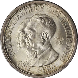 image for: 1936-M One Peso. KM-178. Busts of Murphy and Quezon. MS-64 (PCGS).