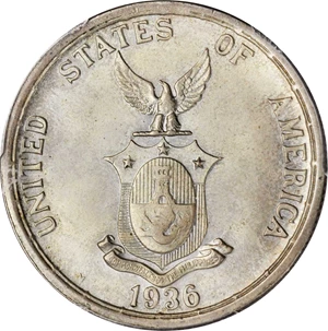 image for: 1936-M One Peso. KM-178. Busts of Murphy and Quezon. MS-64 (PCGS).