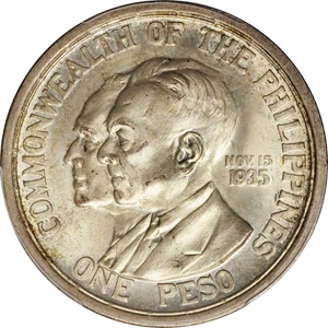 image for: 1936-M One Peso. KM-178. Busts of Murphy and Quezon. MS-64 (PCGS).