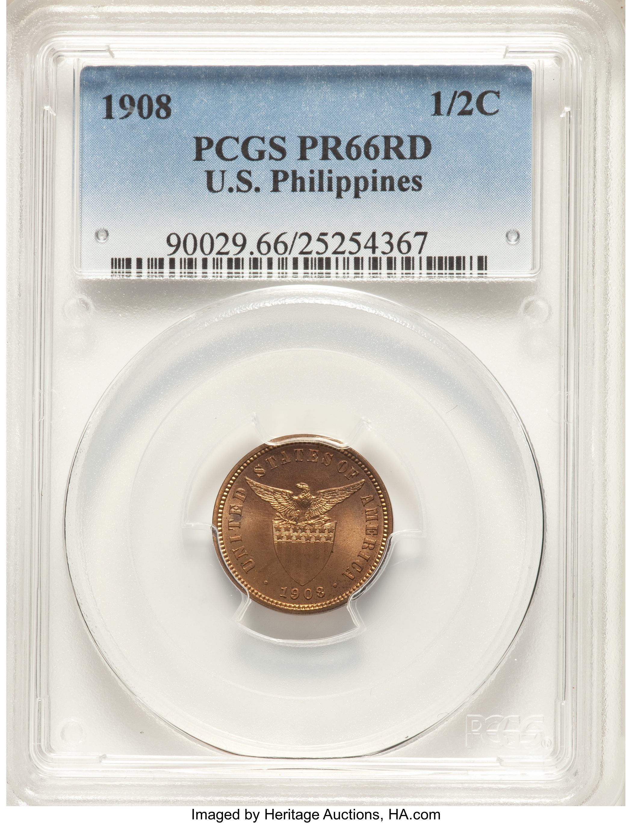 image for: 1908 1/2C   Philippines Half Centavo PR66 Red PCGS. PCGS Population: (10/0). NGC Census: (0/0).From The Mahal Collect...