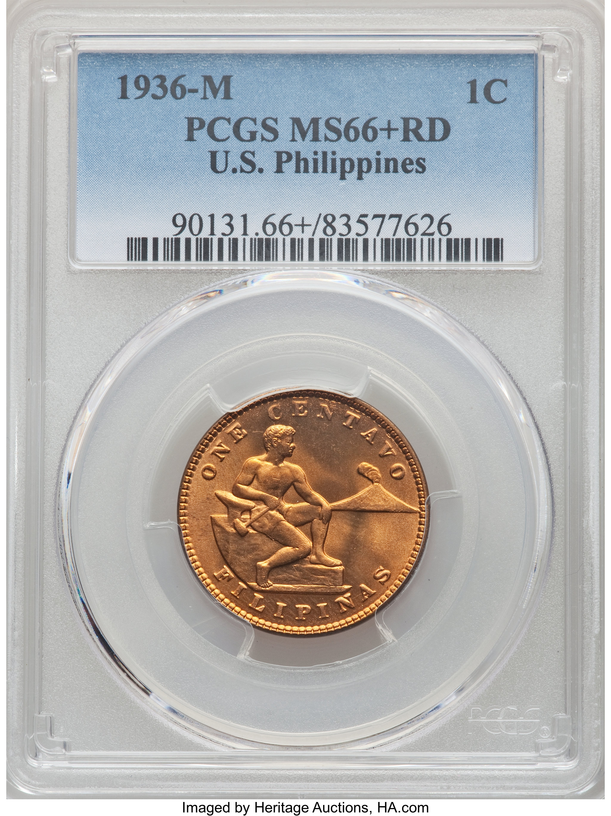 image for: 1936-M 1C     Philippines Centavo MS66+ Red PCGS. PCGS Population: (4/2 and 1/0+). NGC Census: (0/0 and 0/0+).From Th...