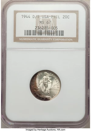 image for: 1944-D/S 20C Philippines 20 Centavos MS67 NGC. NGC Census: (0/0). PCGS Population: (2/0).From The Mahal Collection...