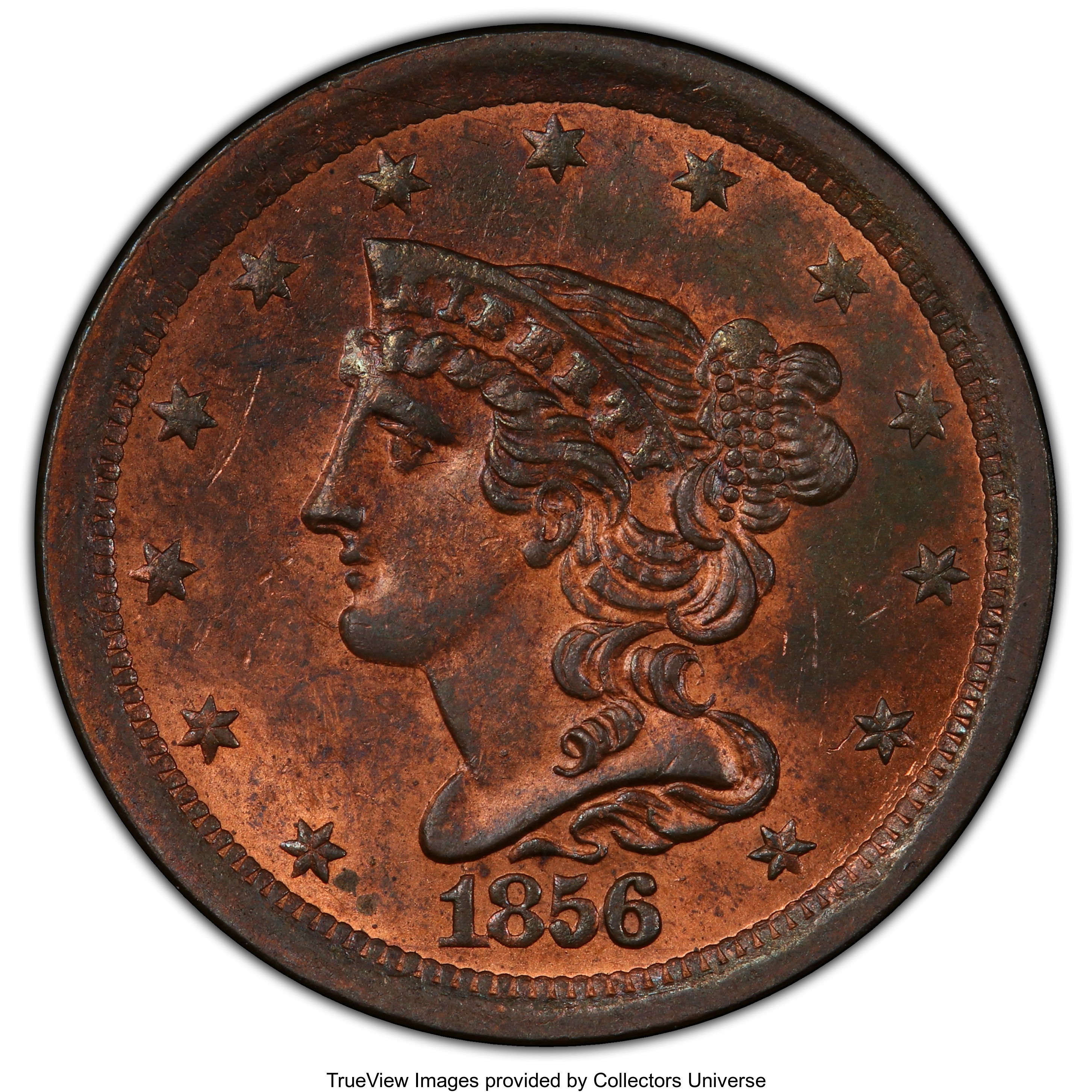 image for: 1856 1/2 C MS63 Red and Brown PCGS. PCGS Population: (26/32). NGC Census: (0/0). CDN: $450 Whsle. Bid for NGC/PCGS MS63. Mi...