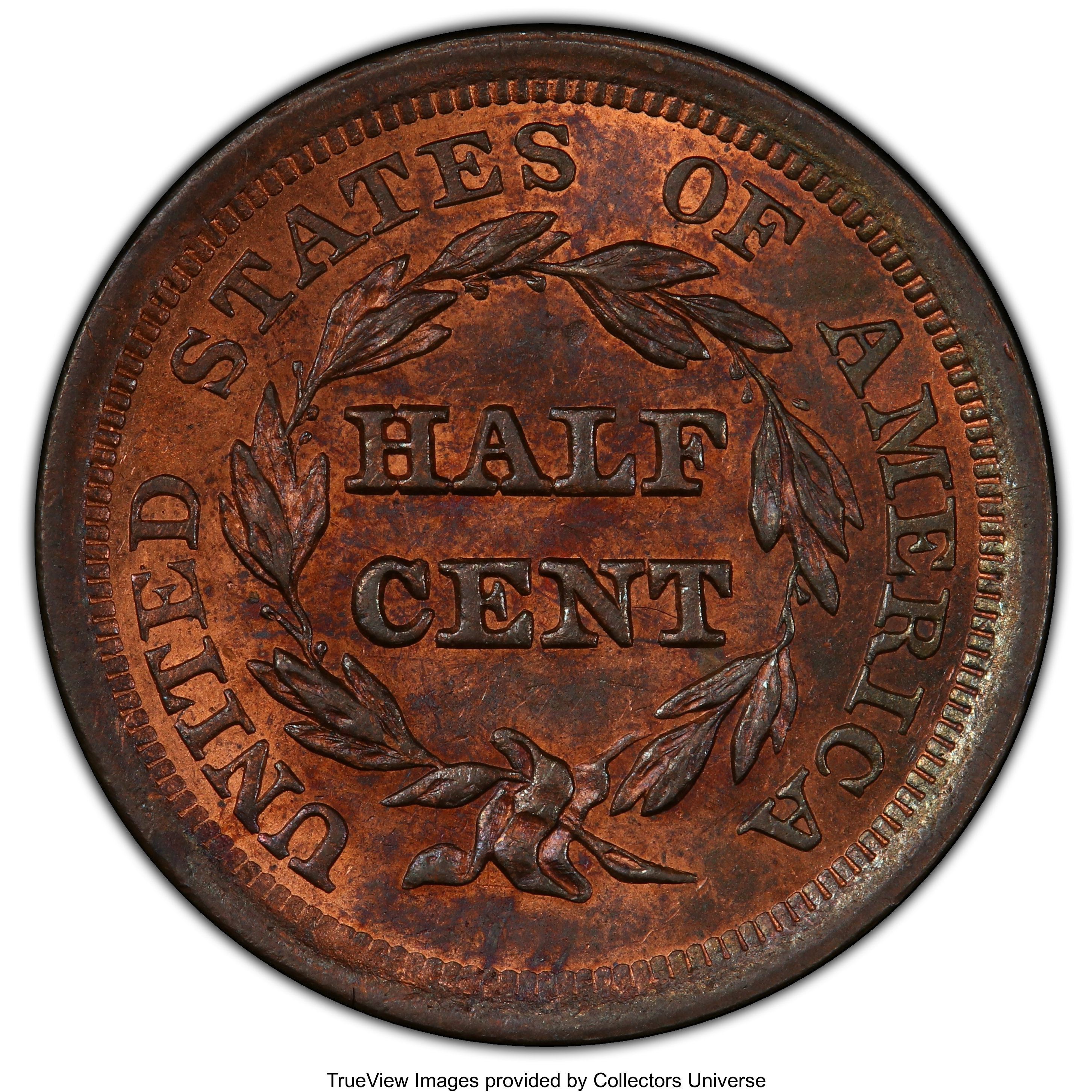 image for: 1856 1/2 C MS63 Red and Brown PCGS. PCGS Population: (26/32). NGC Census: (0/0). CDN: $450 Whsle. Bid for NGC/PCGS MS63. Mi...